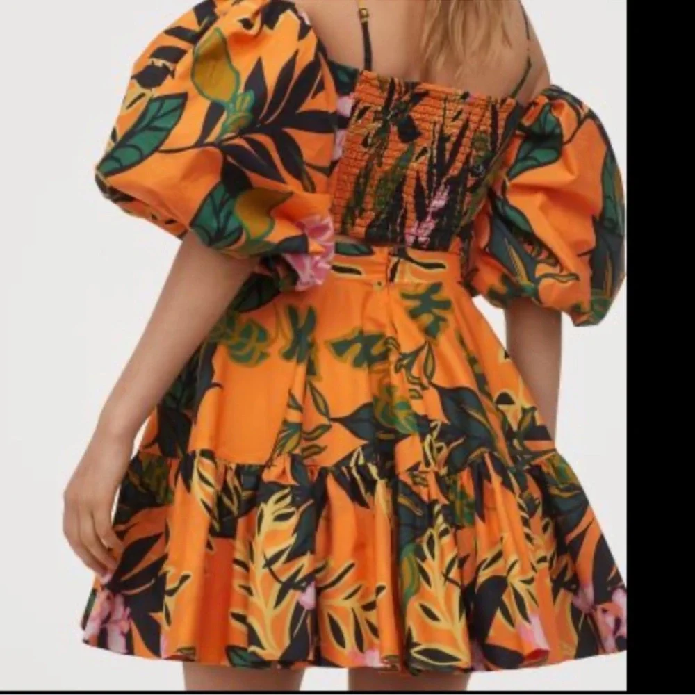 RARE SKIRT SET BLOGGER FAVORITE H&M Orange flare puff sleeve tropical crop XS M - Picture 10 of 11